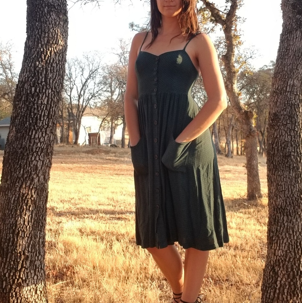 Blue green plaid flannel button front dress